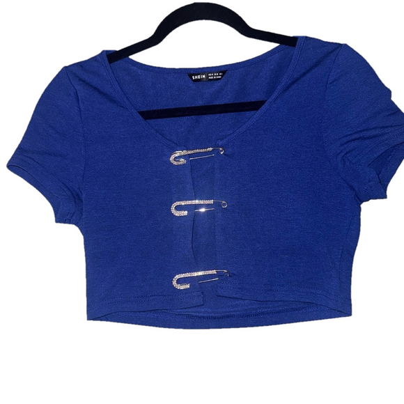 Tops - Blue Crop Top with Safety Pin Details